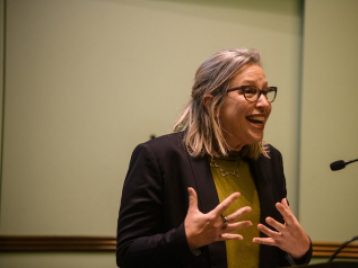 John H. Mitchell Visiting Professor in Media Entertainment Miranda Banks Addresses the Audience 